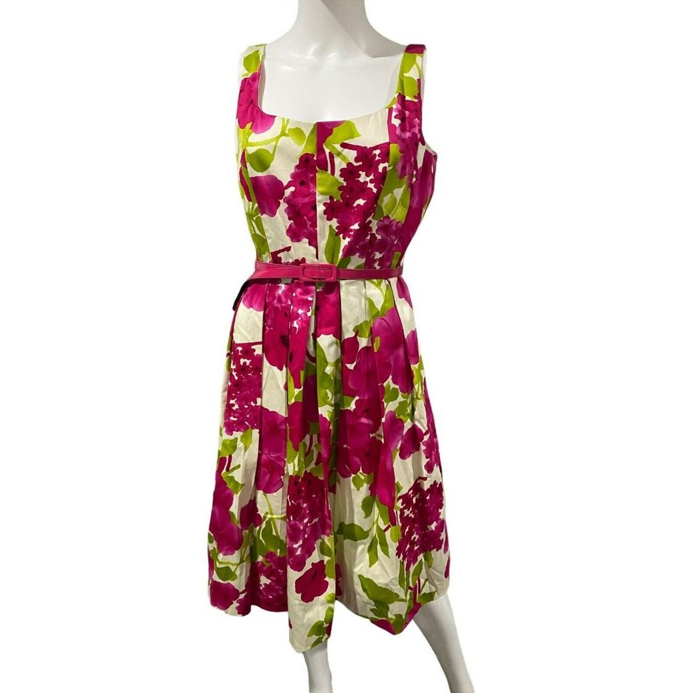 Will Glenn New York Sz 10 Floral Belted Dress Pleated Pockets‎ Rockabilly Style